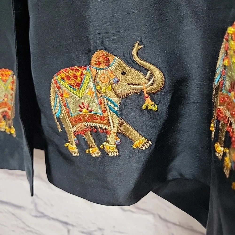 SILKLAND 100% Silk Black Jacket Button Up Embroidered Elephants Size‎ 16 Women's